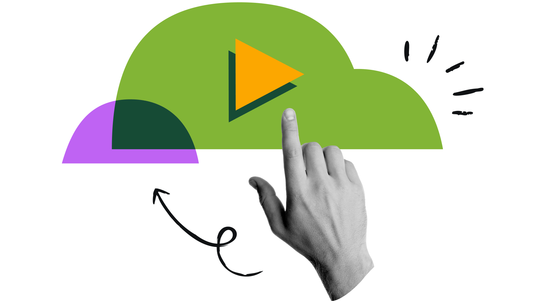 Cloud with hand pressing a play button.